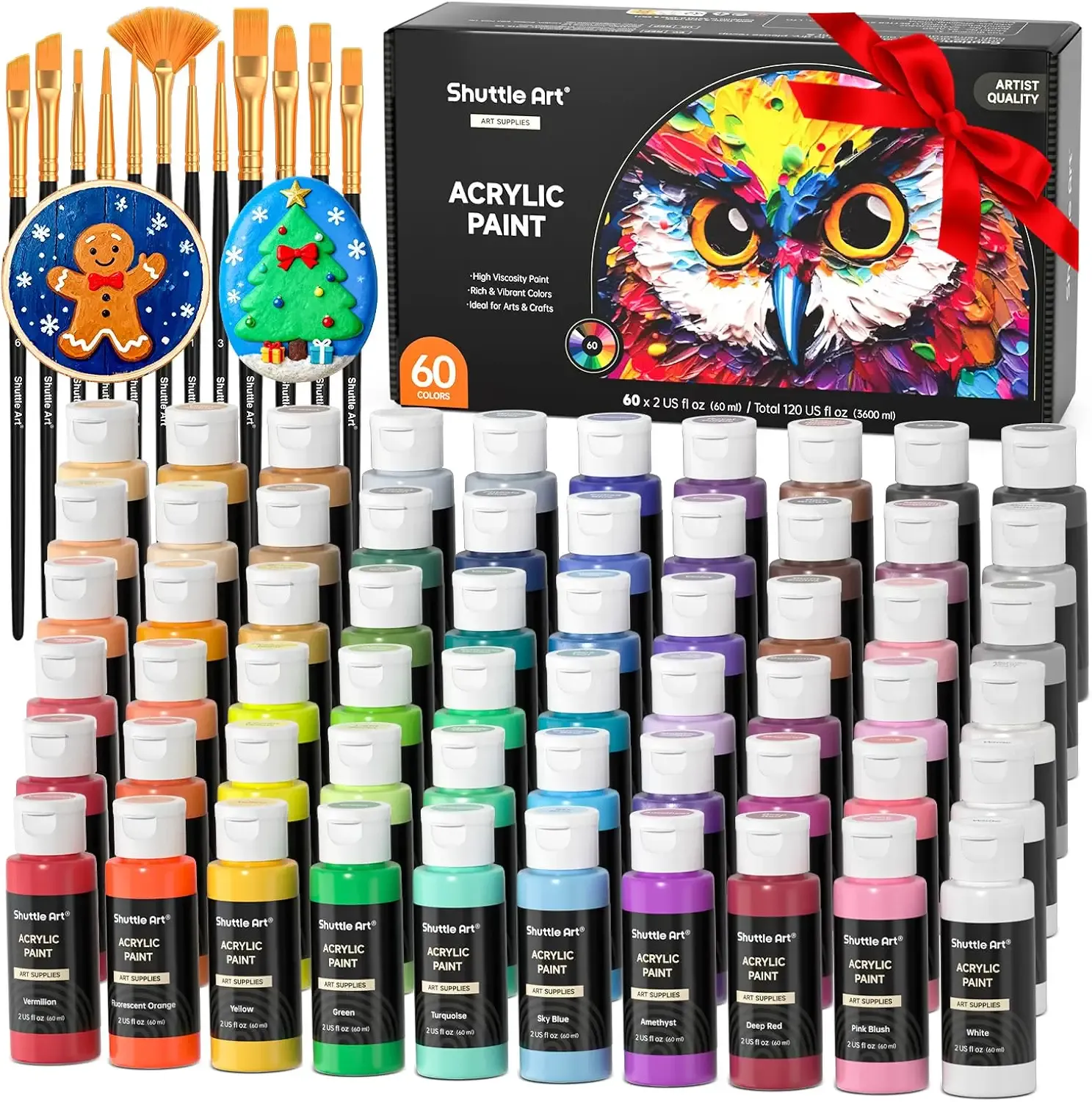 72 Pack Acrylic Paint Set, Shuttle Art 60 Colors Acrylic Paint Including Extra White Black & 12 Brushes, 2oz/60ml, Rich Pigmented, Water Proof, Ideal for Artists, Beginners on Canvas Rock Wood Ceramic