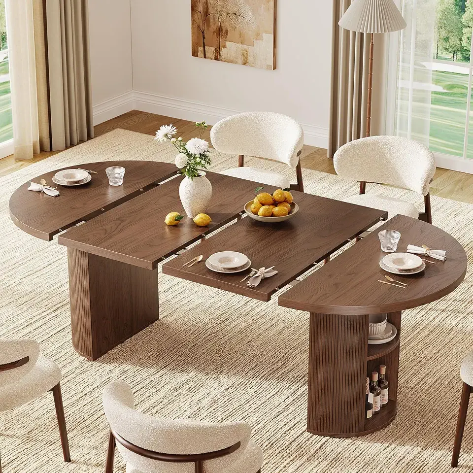 ONBRILL 41-78 Inch Extendable Dining Table for 4-8, Storage Shelf, Walnut | Expandable Kitchen Table with Fluted Base, Mid Century Modern Oval Dinner Tables for Dining Room, Kitchen, Living Room
