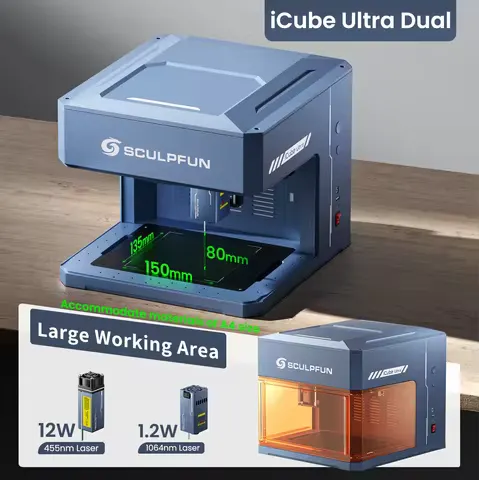 SCULPFUN 12W Diode Laser 1.2W Infrared Laser iCube Ultra Dual Desktop Laser Engraver Fully Enclosed Laser Engraving Machine
