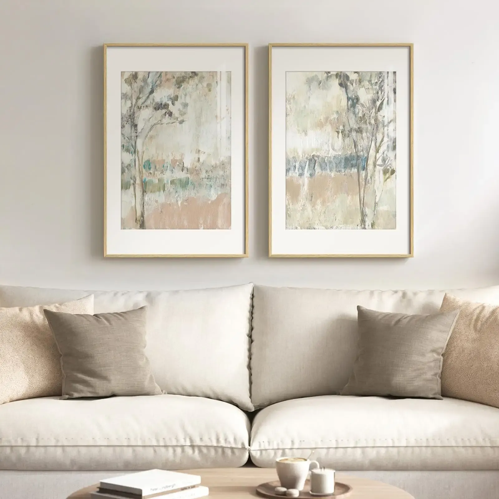 Framed Neutral Abstract Landscape Wall Art for Living Room, Large Set of 2 Minimalist Tree Canvas Artwork for Walls, Modern Nature Scenic Paintings Prints Wall Decor for Bedroom Home Office, 20x30 In