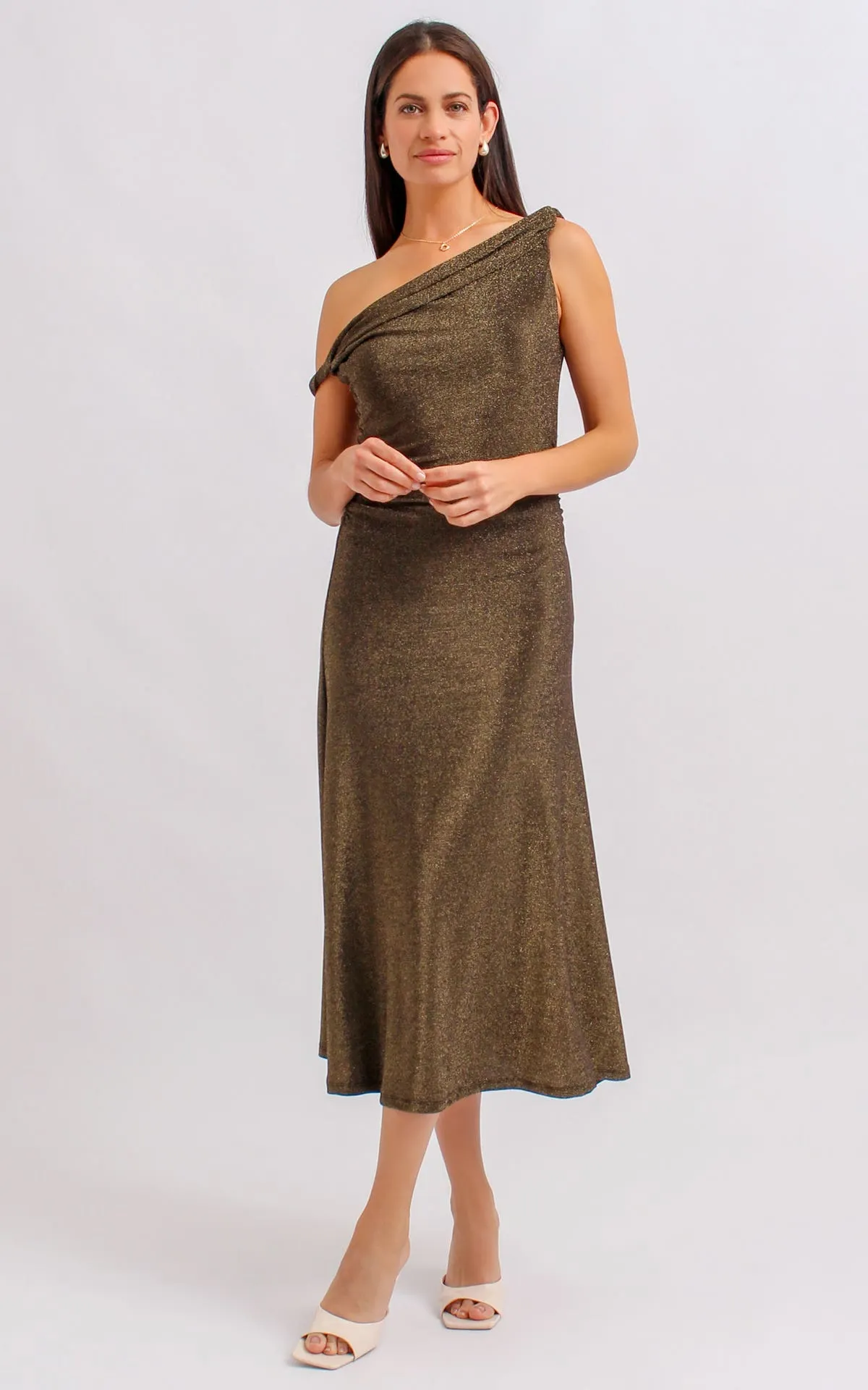 Metalic Jersey Twist Sleeve Midi Dress