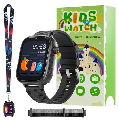 4G Kinder Smartwatch mit GPS, Telefon & Videoanruf, SOS, Kamera, Nachrichten, Schrittzähler und Schulmodus – Armbanduhr für Jungen und Mädchen (Schwarz)