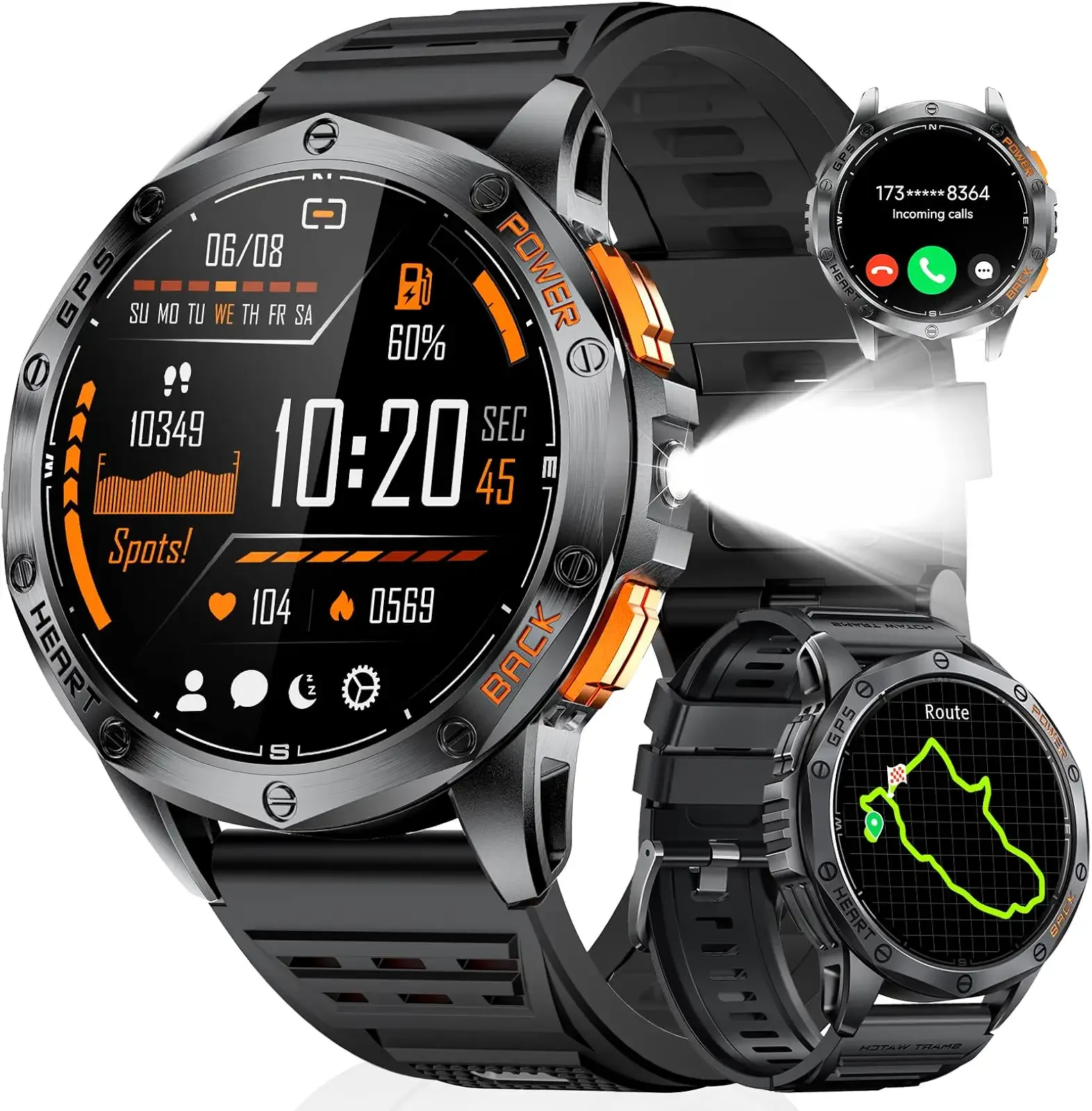 LIGE GPS Smart Watch for Men, 1.43'' AMOLED Always on Display, LED Flashlight/Compass/45 Days Battery/IP68 Waterproof Smartwatch, 100+ Sport Mode, Rugged Smart Watches for Android iOS, Black Orange