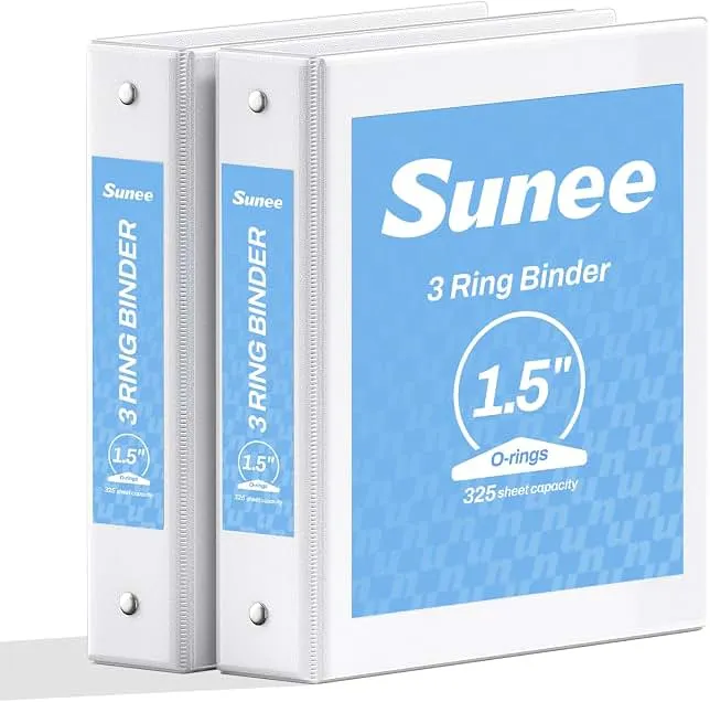 SUNEE 3 Ring Binder 1.5 Inch 2 Pack, Clear View Three Ring PVC-Free (Fit 8.5x11 Inches) for School or Office Supplies, White