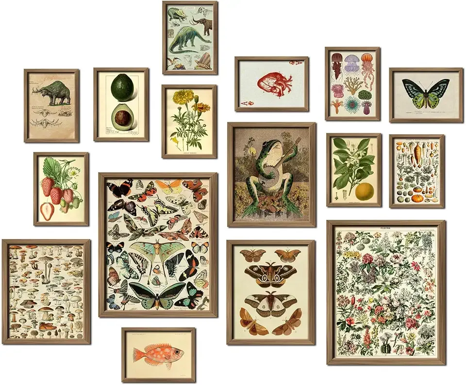 16 PCS Framed Vintage Wall Art Decor, Botanical Cottagecore Wall Prints for Bedroom, Gallery Wall Frame Set, Farmhouse Posters for Living Room Aesthetic, Rustic Dorm Home Collage Kit