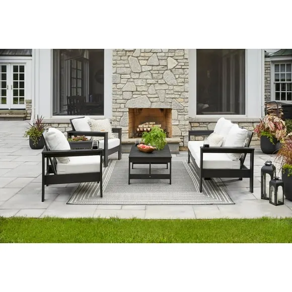 Better Homes & Gardens Ezra 4-Piece Outdoor HDPE Conversation Set, Black with Cream Boucle Cushions