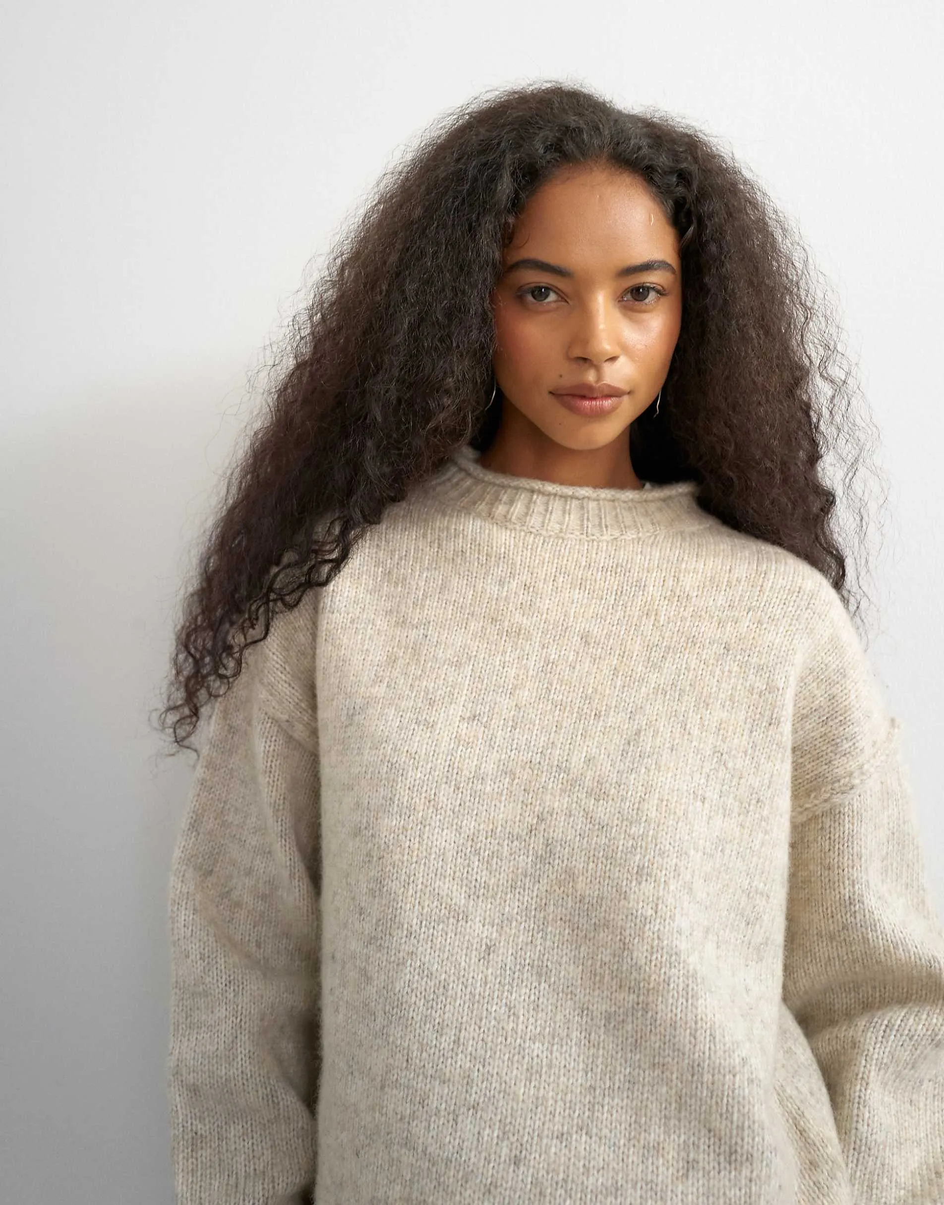 Topshop knitted roll edge relaxed fit jumper with wool in oat