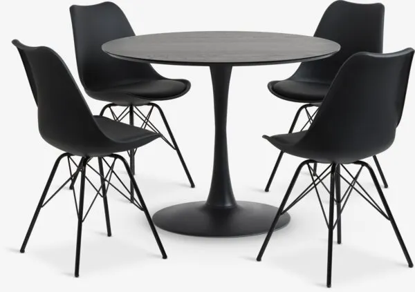 RINGSTED + KLARUP RINGSTED Ø100 tafel zwart + 4 KLARUP stoelen zwart