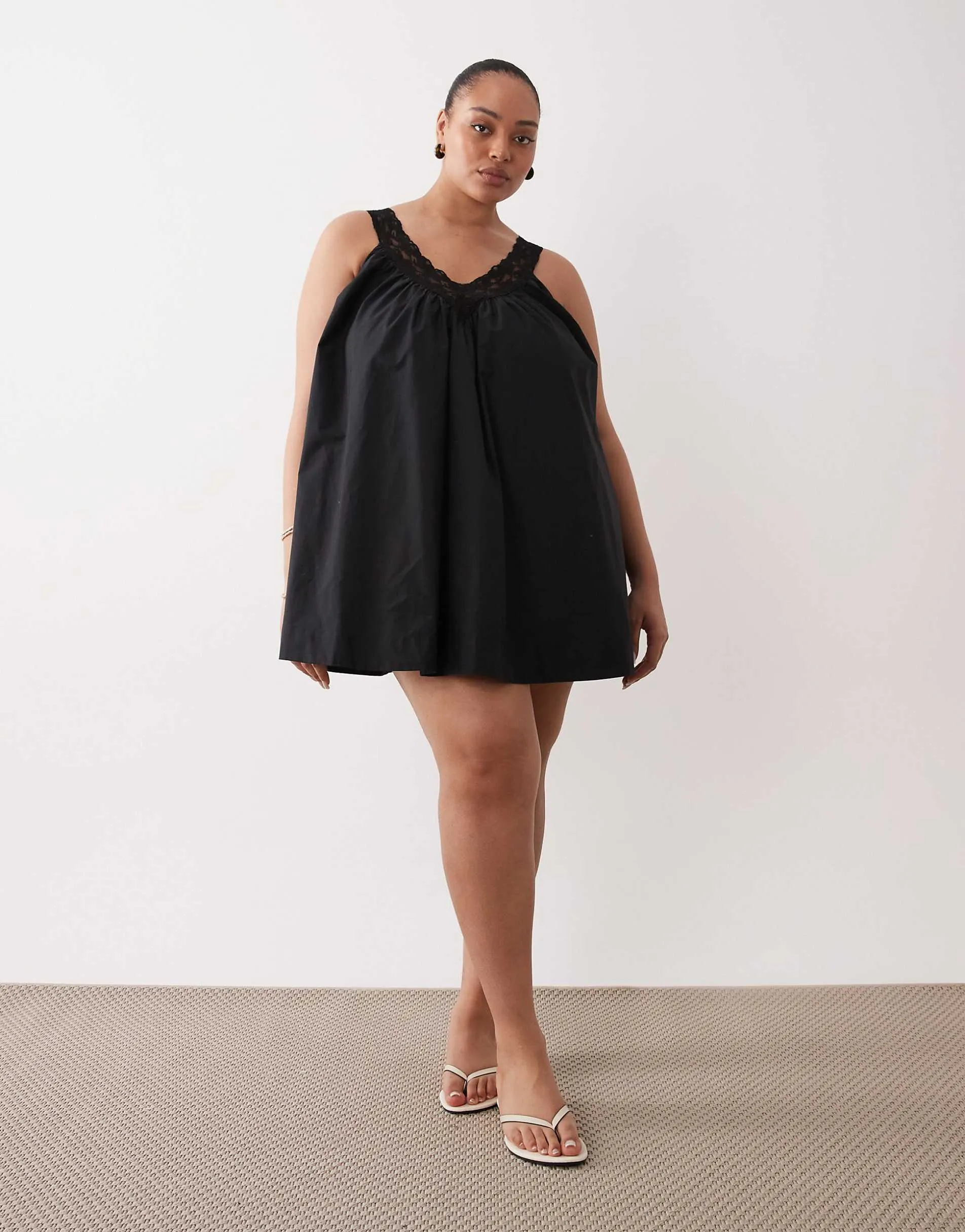 ASOS DESIGN Curve v neck smock poplin mini sundress with lace overlay in black