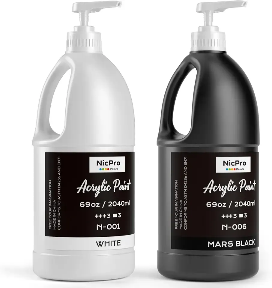 Nicpro 2 Pack White Black Large Bulk Acrylic Paint Bulk (69oz, 2040ml) Rich Art Painting Supplies Non Toxic for Multi Surface, Canvas, Wood Leather Fabric Stone Craft, for Beginner & Artist with Pump