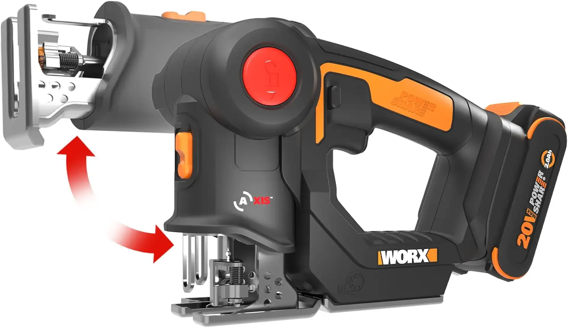 WORX Cordless Reciprocating Saw&Jigsaw, 20V ¾" 2-in-1 Saw, ¾" Stroke Length, 2-in-1 functions, 4 Blades for Different Materials, Compact&Lightweight Design, Battery and Charger Included, PowerShare