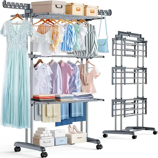 PurKeep 𝐔𝐩𝐠𝐫𝐚𝐝𝐞𝐝 Clothes Drying Rack with Wheels, 4 Tier Folding Drying Rack, Heavy Duty Laundry Drying Rack with Expandable Side Wings, Indoor Outdoor Clothes Air Drying Rack for Large Family