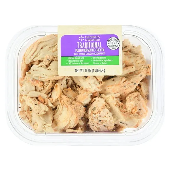 Rollback Freshness Guaranteed Traditional Shredded Rotisserie Chicken Breasts, 16 oz, 18g of Protein, No Artificial Ingredients, Gluten Free (Refrigerated) $7.24 Was $9.97 45.3 ¢/oz