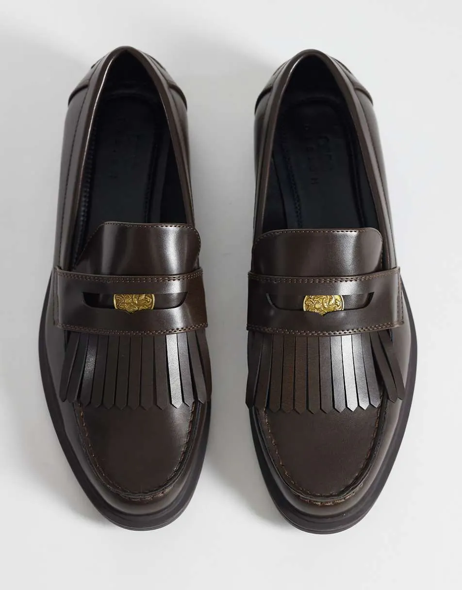 ASOS DESIGN penny loafers with fringe and coin detail in brown