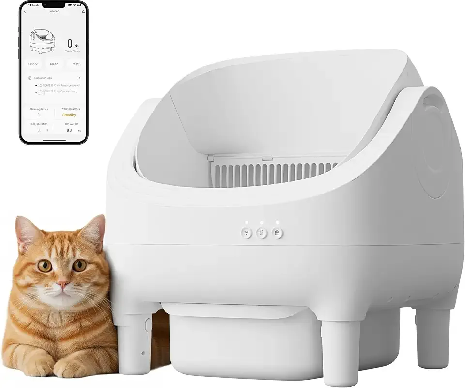 WARCAT Self-Cleaning Litter Box – Open Top, APP Control, White | 15L large waste bin. Smart APP control with open-top design. Easy odor control. Includes trash bags and mat.