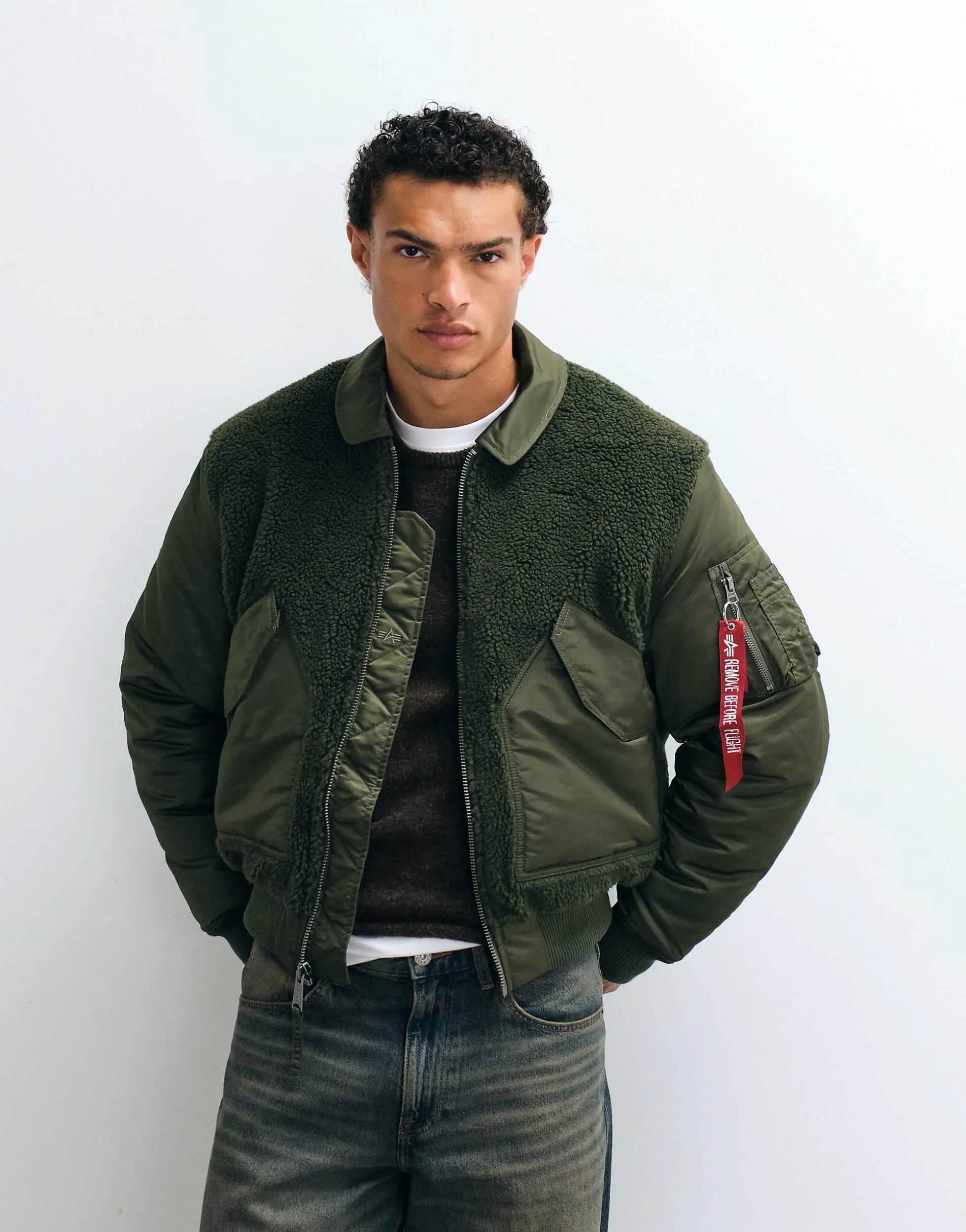 Alpha Industries teddy detail bomber jacket in dark olive