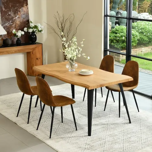 LANTON Natural Oak Wave-Edge Dining Table Set with 4 Suede Brown Ergonomic Chairs - Seats 6, 176LBS
