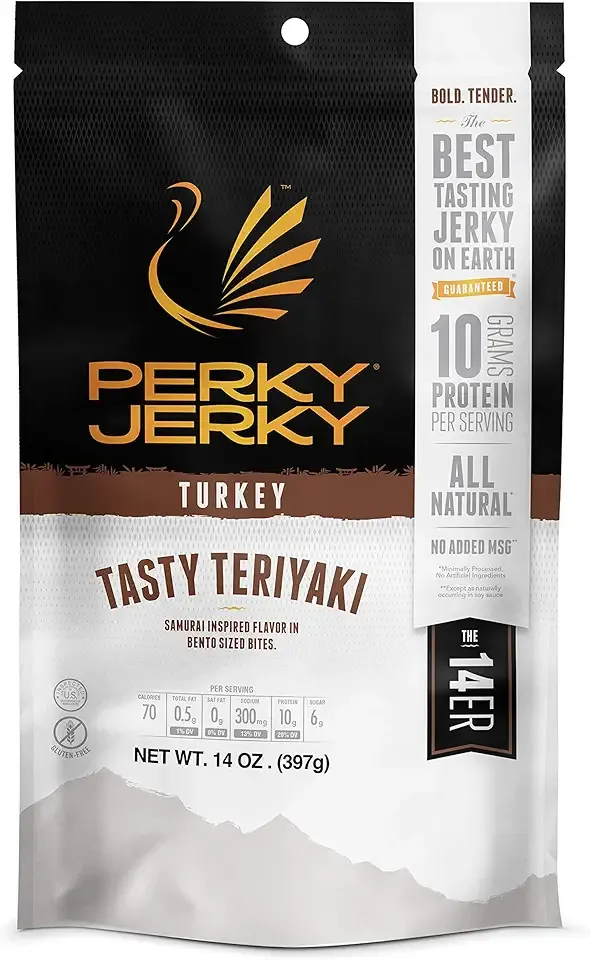 Perky Jerky Tasty Teriyaki Turkey Jerky, 14oz - Low Sodium - 10g Protein per Serving - Low Fat - 100% U.S. Sourced - Tender Texture and Bold Flavor