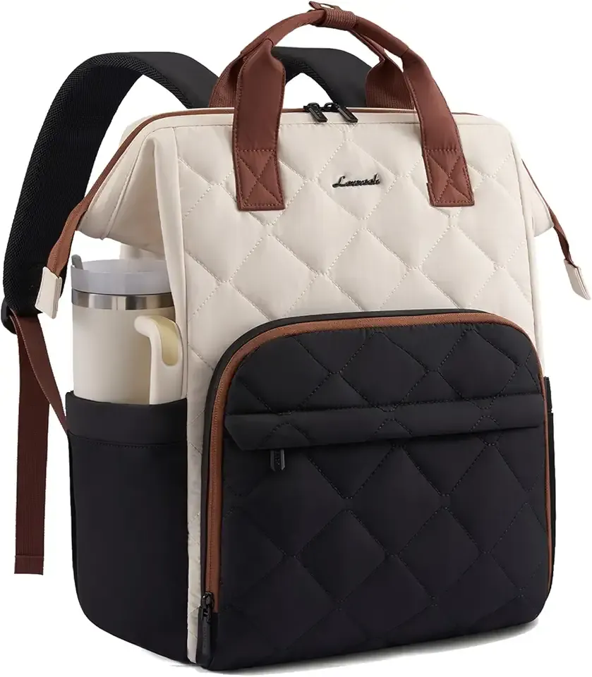 Laptop Backpack for Women, 15.6 inch Work Travel Backpack Purse, Puffer Quilted Laptop Backpack Casual Daypack for Nurse Teacher，Black-White-Brown