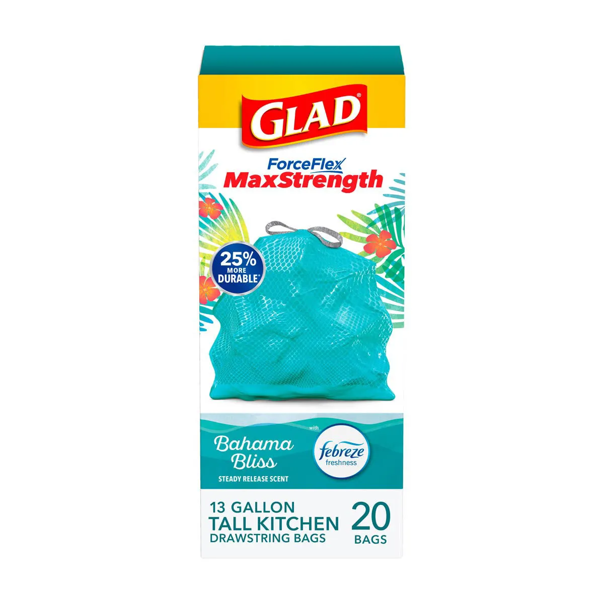 Glad ForceFlex MaxStrength Tall Kitchen Drawstring Trash Bags, 13 Gal, Bahama Bliss, 20 ct