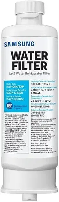 SAMSUNG Genuine Filter for Refrigerator Water and Ice, Carbon Block Filtration, Reduces 99% of Harmful Contaminants for Clean, Clear Drinking Water, 6-Month Life, HAF-QIN/EXP, 1 Pack
