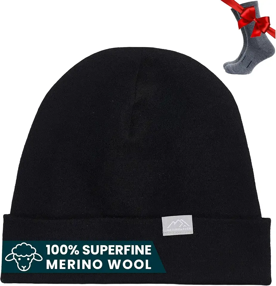 Merino Wool Beanie for Women & Men - 100% Merino Skull Cap 17.5um - All Season Unisex Adult Hat & Socks for Running, Hiking