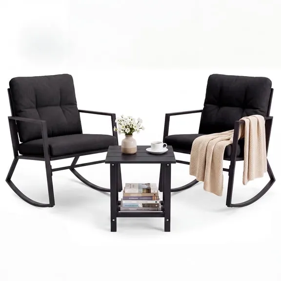 Tappio Outdoor Furniture 3 Piece Patio Bistro Furniture Set, Rattan Conversation Chairs Set with Side Table and Cushions, Patio Furniture Sets for Balcony Garden Porch, Black