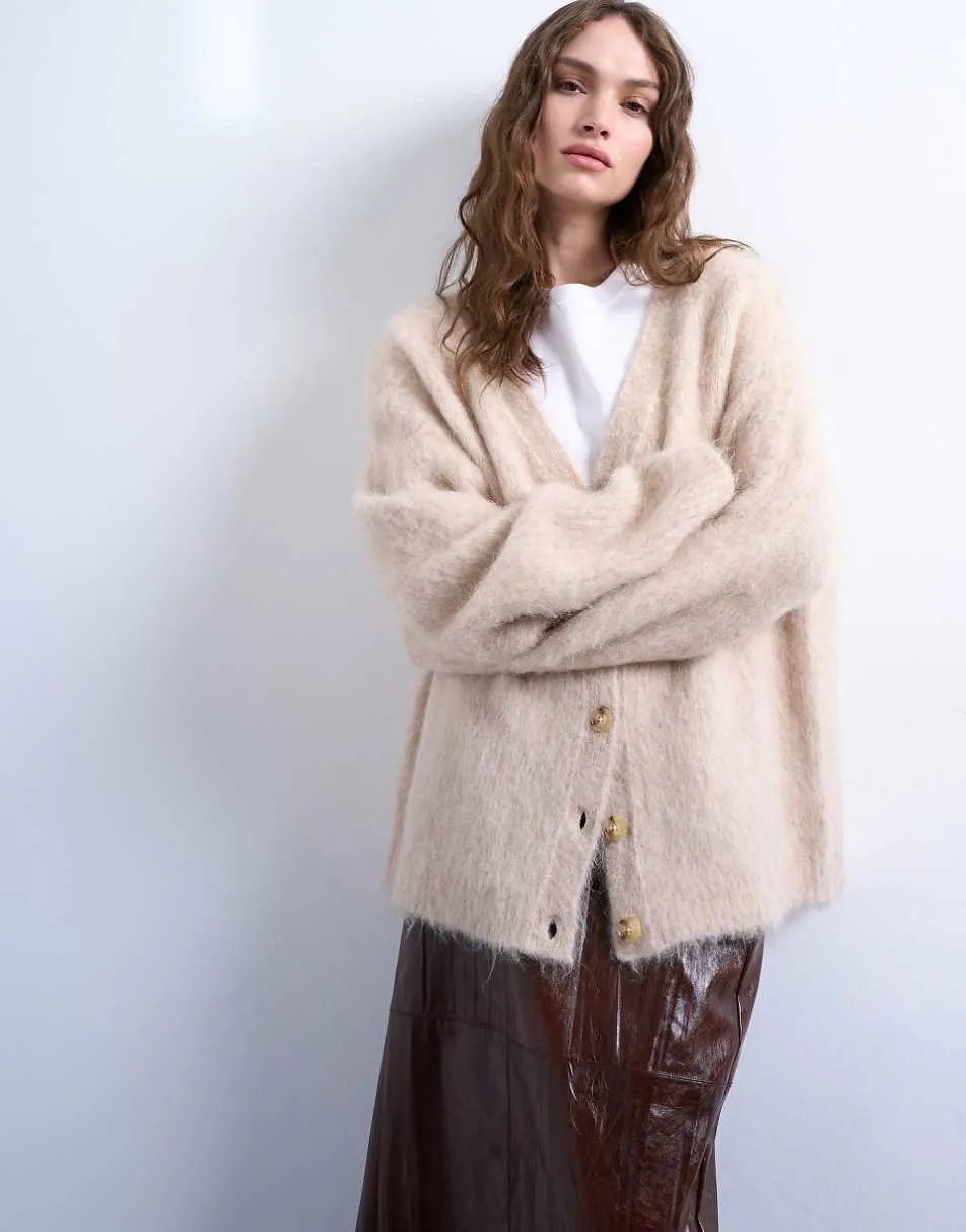 Topshop knitted premium alpaca cardigan in beige