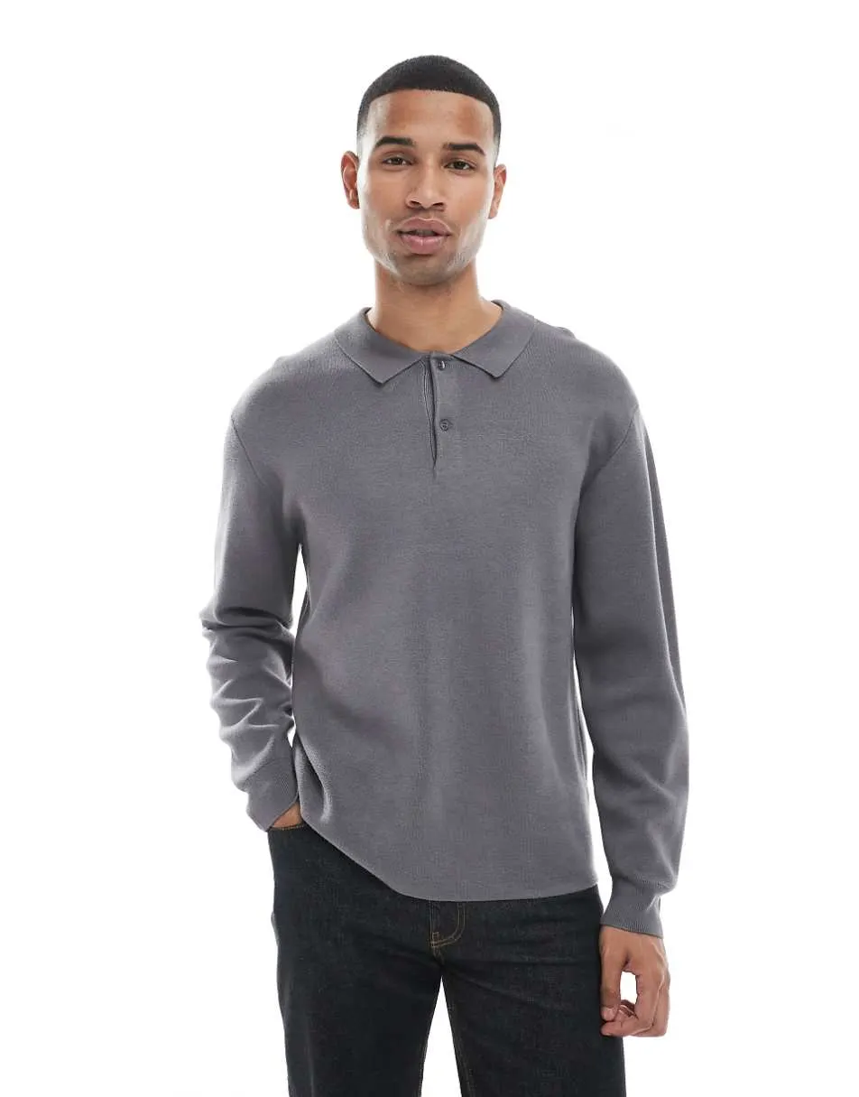 New Look knitted polo jumper in mid grey