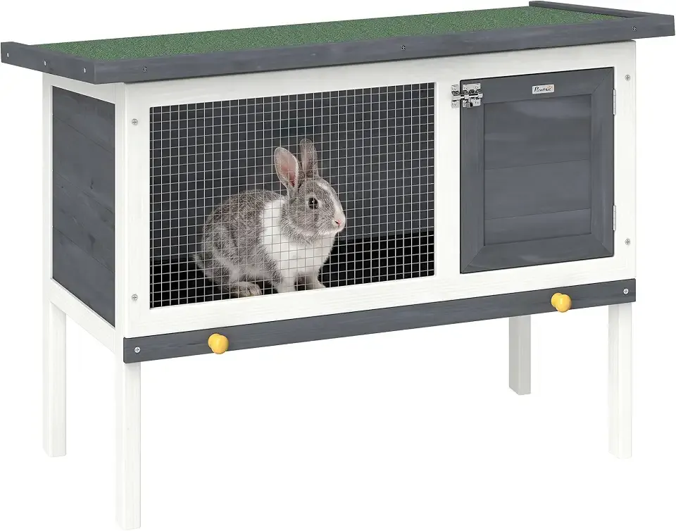 PawHut Outdoor Rabbit Hutch, Wooden Bunny Cage with Openable Roof and Pull-Out Tray, Elevated Guinea Pig Cage for Rabbits, Chinchillas and Small Animals, Indoor Outdoor Use, Gray