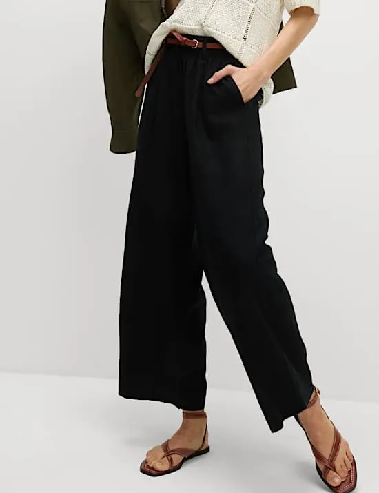 Linen Rich Wide Leg Cropped Trousers