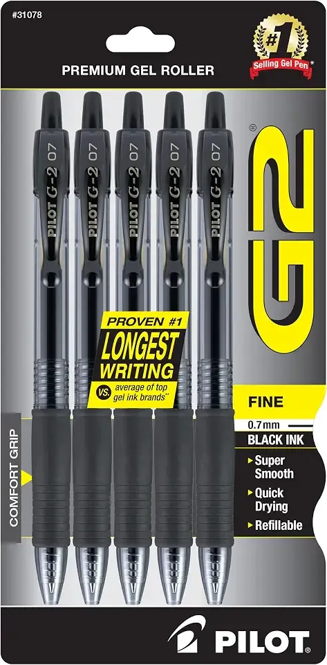 PILOT G2 Premium Gel Pens, Fine Point 0.7mm, Black Ink, 5-Pack | G2 pilot pens, refillable and retractable ball, gel pens for journaling, writing pens, quick-drying ink, contoured grip