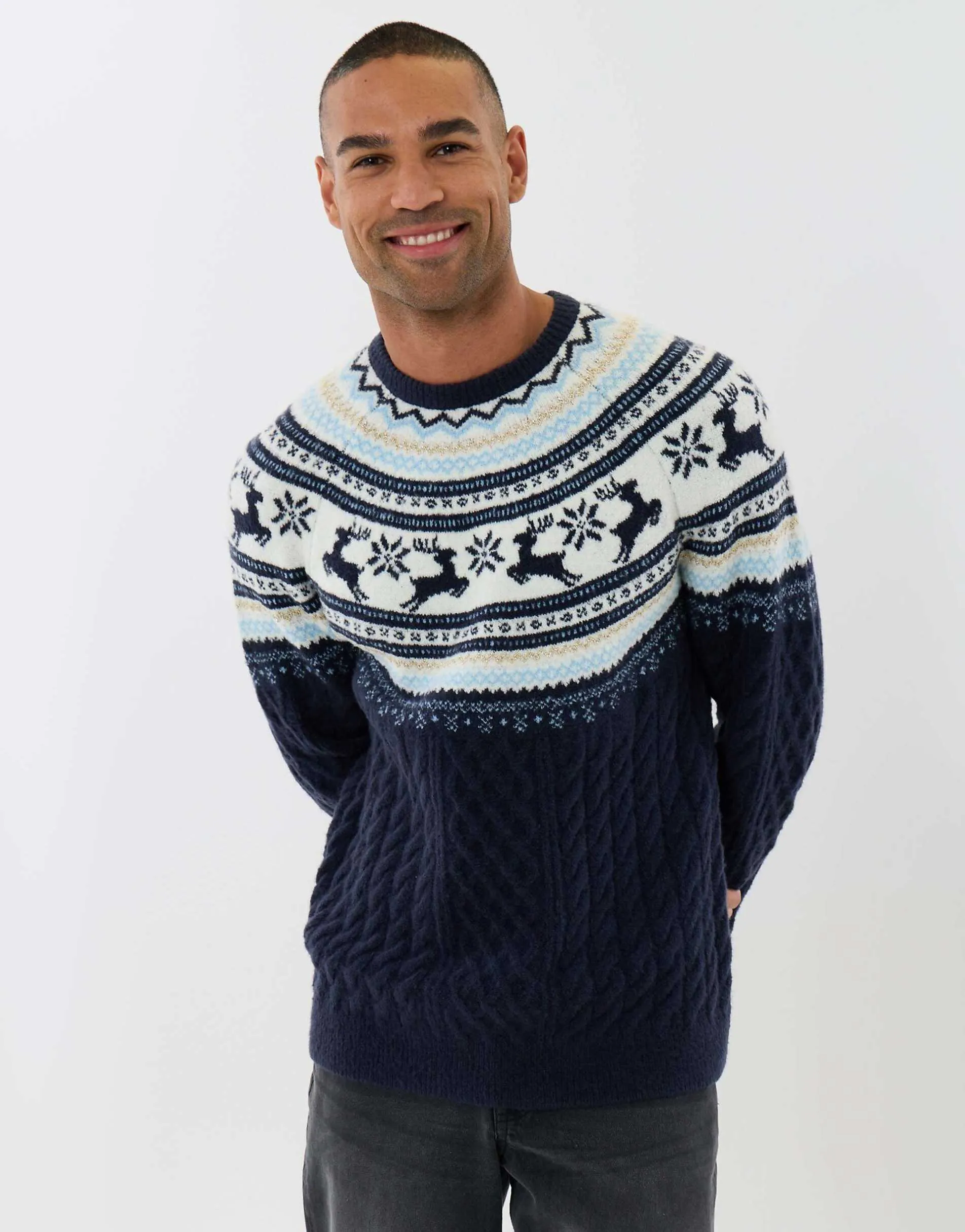 Threadbare Reindeer fairisle cable knit christmas jumper in navy in navy