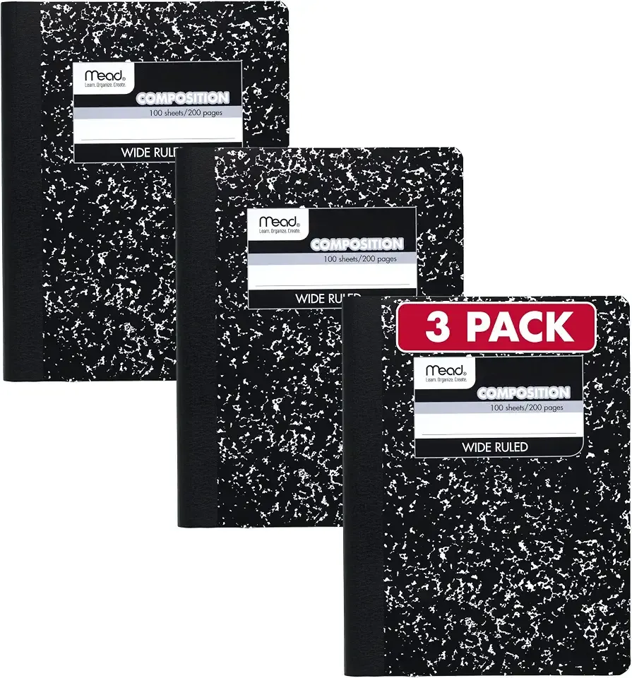 Mead Composition Notebook, Wide Ruled Paper, 7.5" x 9.75", 100 Sheets, Black Marble, 3 Pack (38301)