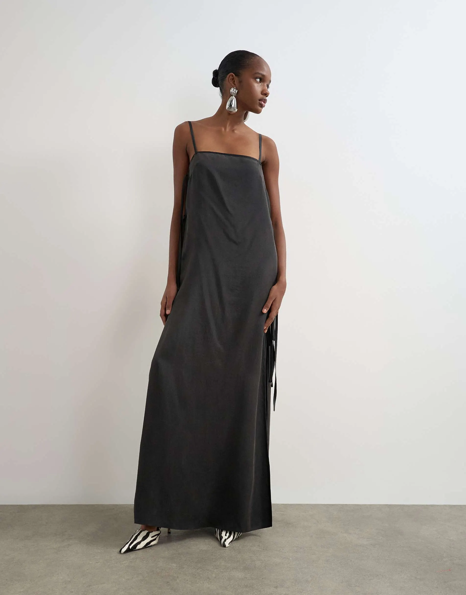 Topshop premium silk touch unlined maxi slip dress with satin tie side details in black
