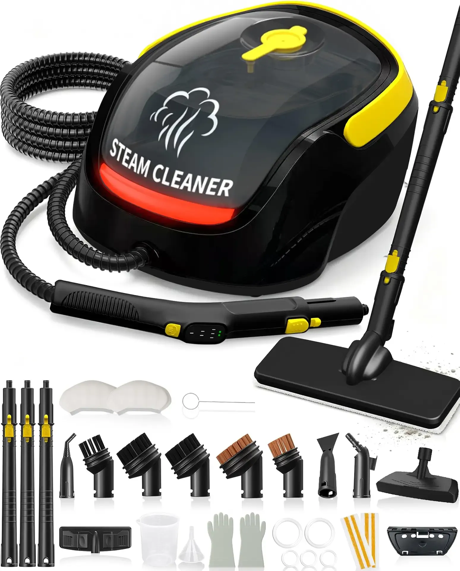 GLAMMAGIC Steam Cleaner with Mop, 3 Level Adjustable Handle, 25 Accessories | 10s Heat Up,3.17 Quarts Tank, Swivel Casters, Steam Cleaner for Home, Cleaning for kitchen, Grout, Floor, Dirt, Tile, Car