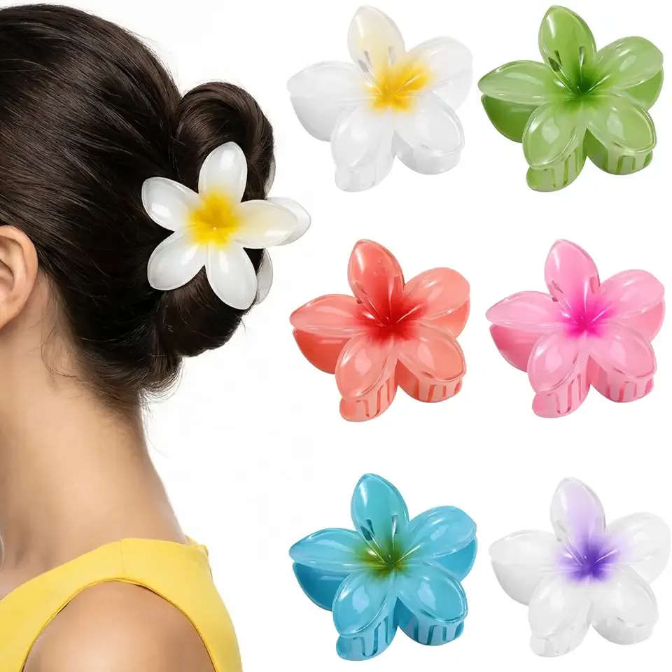 Hawaiian Flower Hair Clips – 6 Pack Colorful Claw Clips for Women & Girls, Large Aesthetic Hair Accessories for Thick or Thin Hair, Summer Beach Vacation Gift