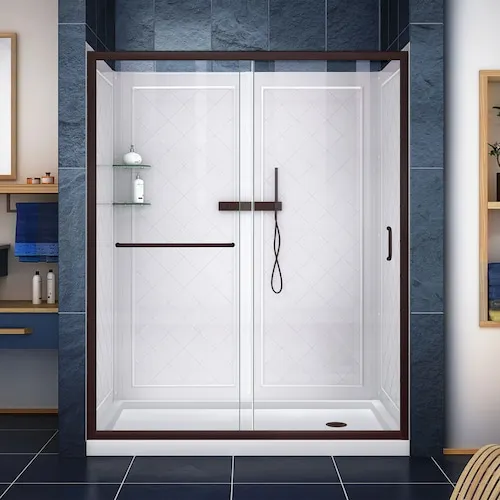 DreamLine Infinity-Z 30 in. D x 60 in. W x 76.75 in. H Alcove Shower Kit with Wall Surround, Two Glass Shelves, White Acrylic Base, Right Drain & Clear Glass Sliding Door in Bronze