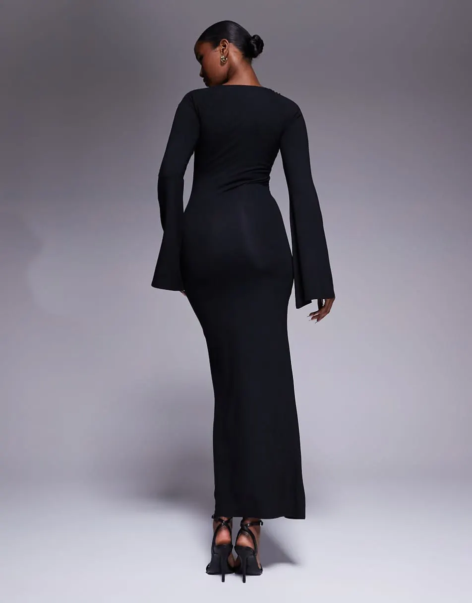 ASOS DESIGN super scoop midi dress with flute sleeves in black