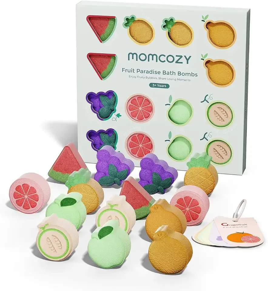 Momcozy 14 Count Natural Fruit‑Shaped Bath Bomb with Premium Essential Oils, Educational & Playful Bath Time Essentials, Kid‑Friendly Bath Fizzies Gift Set in 7 Adorable Fruit Designs