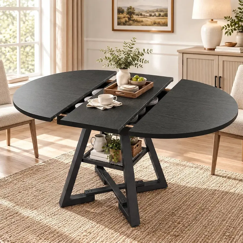 Extendable Round Dining Table for 6, Oval Dining Table with Storage Shelf