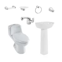 Combo Smart: Sanitario Smart Alongado One Piece + Lavamanos Aluvia Con Pedestal + Accesorios Aluvia + Grifería Aluvia Corona