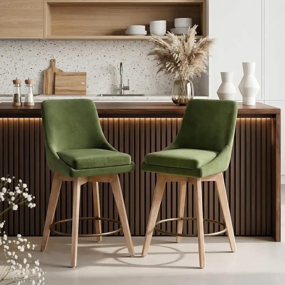 Flouki Counter Height Bar Stools, Swivel Barstools, Set of 2 | Upholstered Counter Stools with High Backs, 4.3" Thickened Cushions, Distressed Wooden Legs, Kitchen Island, Green Velvet