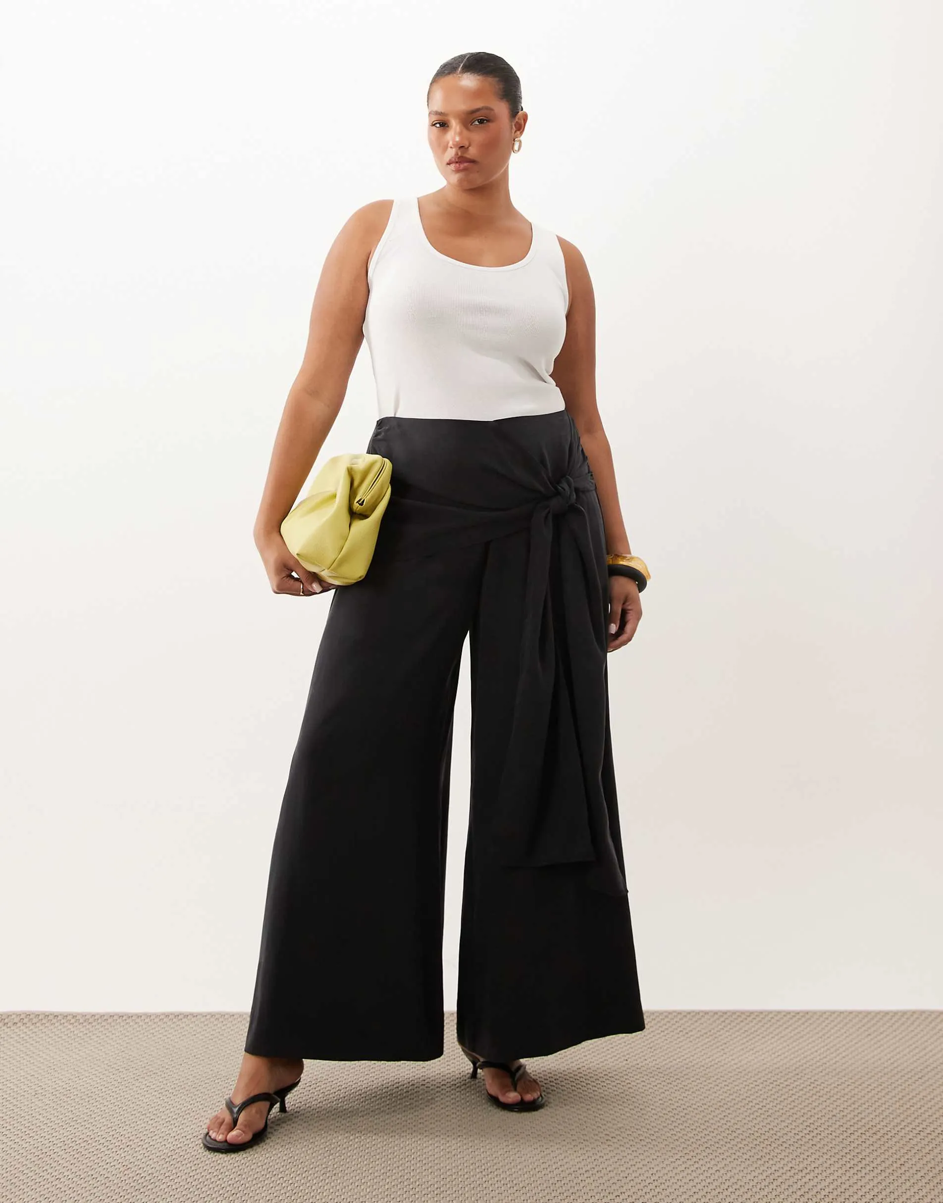 ASOS DESIGN Curve wrapover detail wide leg trousers in black