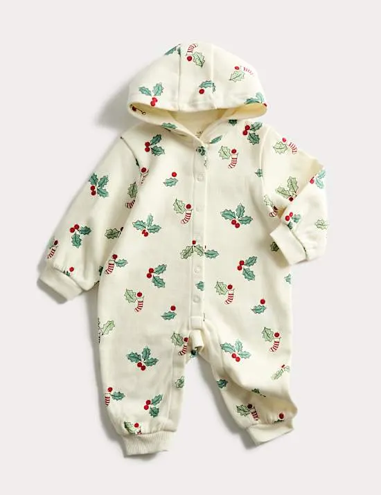 Cotton Rich Novelty Holly Print Hooded All in One (7lbs Mths-3 Yrs)