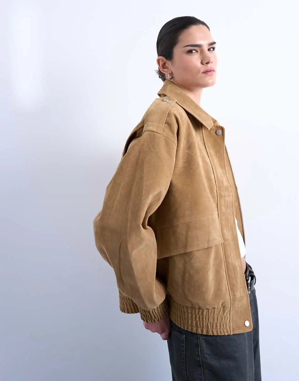 Topshop faux suede oversized bomber in tan