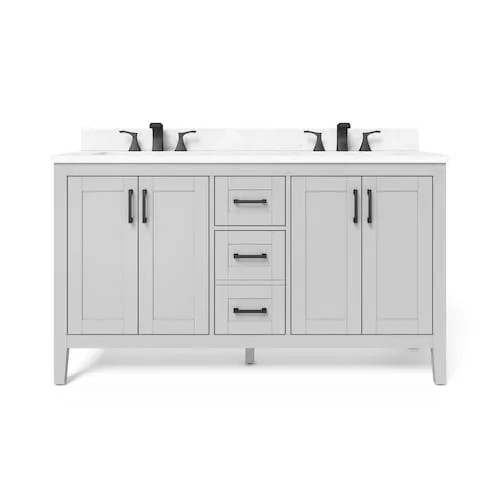 Ellia 60-inch W 4-Door & 3-Drawer Grey Wood Bathroom Vanity Double Undermount Sinks with White Engineered Stone Top