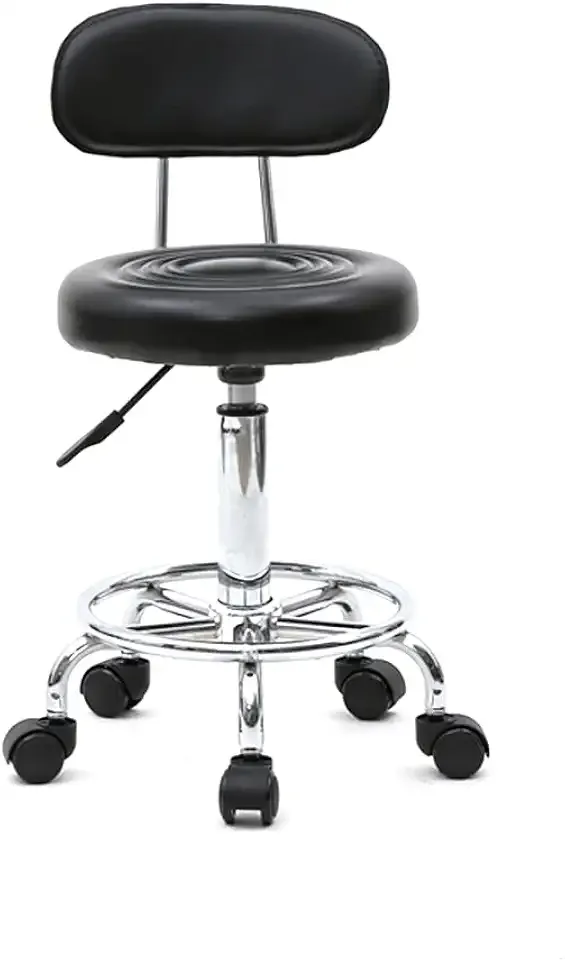 Round Rolling Bar Stool PU Leather with Wheels and Foot Rest, Height Adjustable Task Work Drafting Chair with Back for Salon Spa Tattoo Facial Medical Office Chairs (Black-with Back)