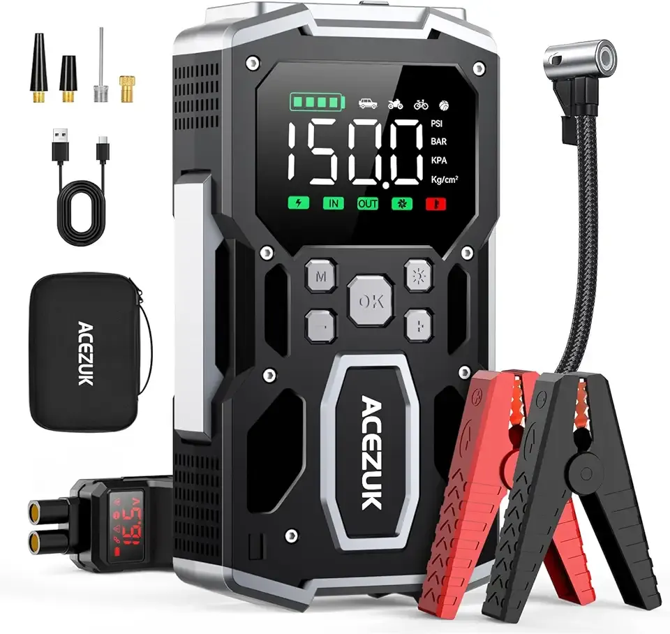 Portable Car Jump Starter with Air Compressor, ACEZUK 150PSI 8000A Jump Starter (All Gas/10.0L Diesel), 12V Battery Jump Box Car Battery Jumper Starter with 3.4" LCD Display, 2 Lights