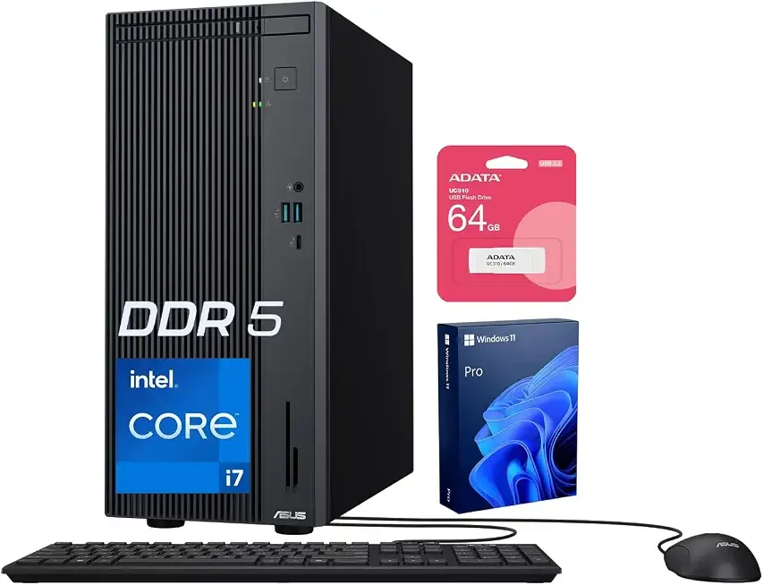 ASUS V500 Home & Business Tower Desktop, 10-core Intel Core i7-13620H Processor, 32GB DDR5 RAM, 1TB SSD, DisplayPort, Wi-Fi 6, Wired KB & Mouse, Win11 Pro, Bundle with ADATA 64GB USB Flash Drive